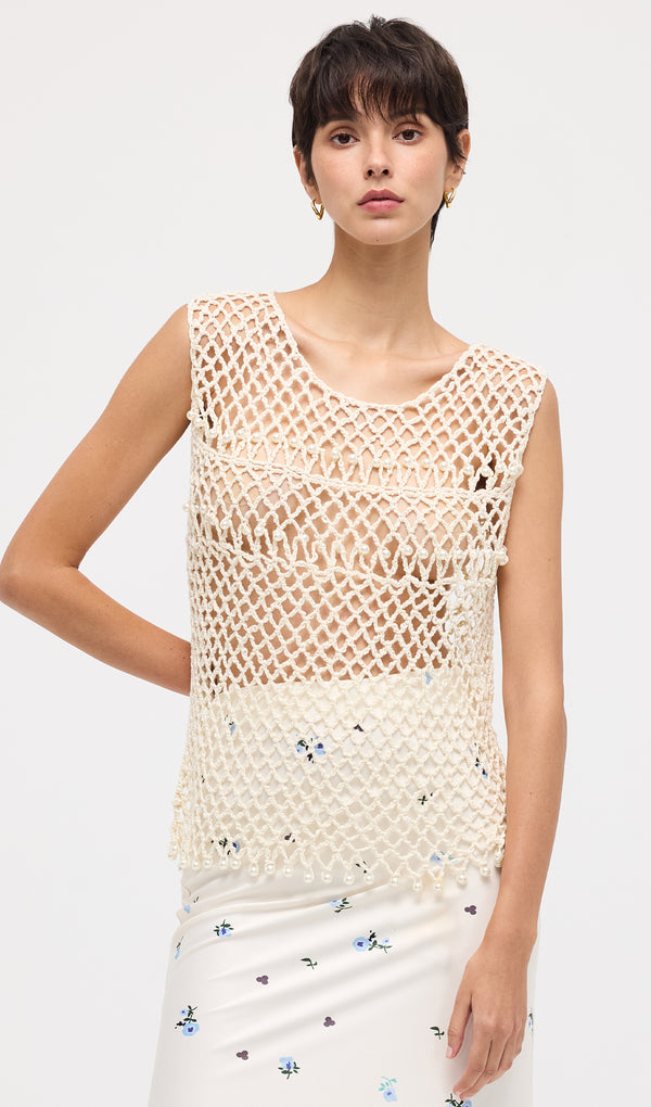 Crocheted Pearl Embellish Knit Vest Top