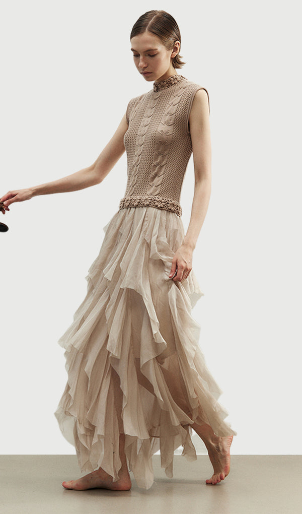 Crocheted Silk Ruffled Layered Maxi Skirt