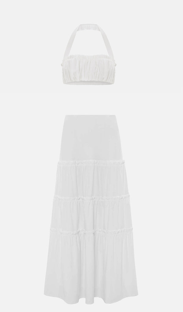 Cropped Top & Layered With Ruffles Maxi Skirt