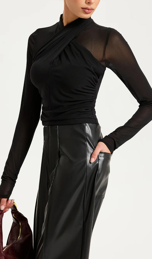 Cross-Front Sheer Mesh Long-Sleeve Top Black