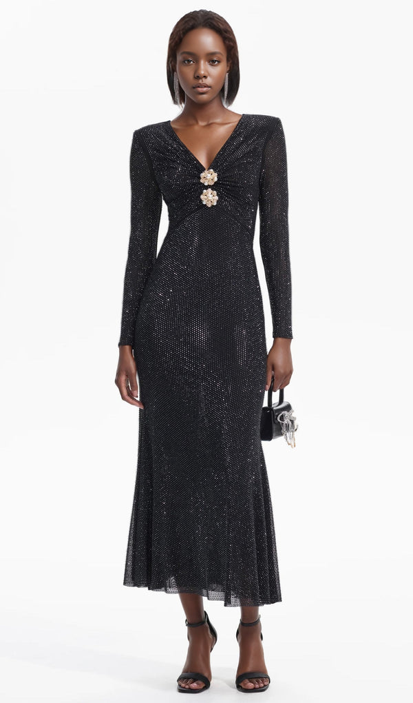 Crystal-Embellished Mesh Midi Dress