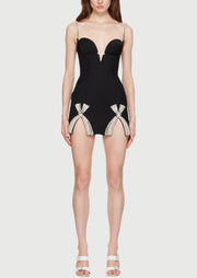Deco Bow Slit Mini Dress In Black