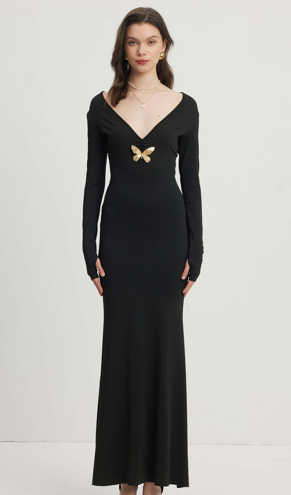 Deep V Neck Maxi Dress Black