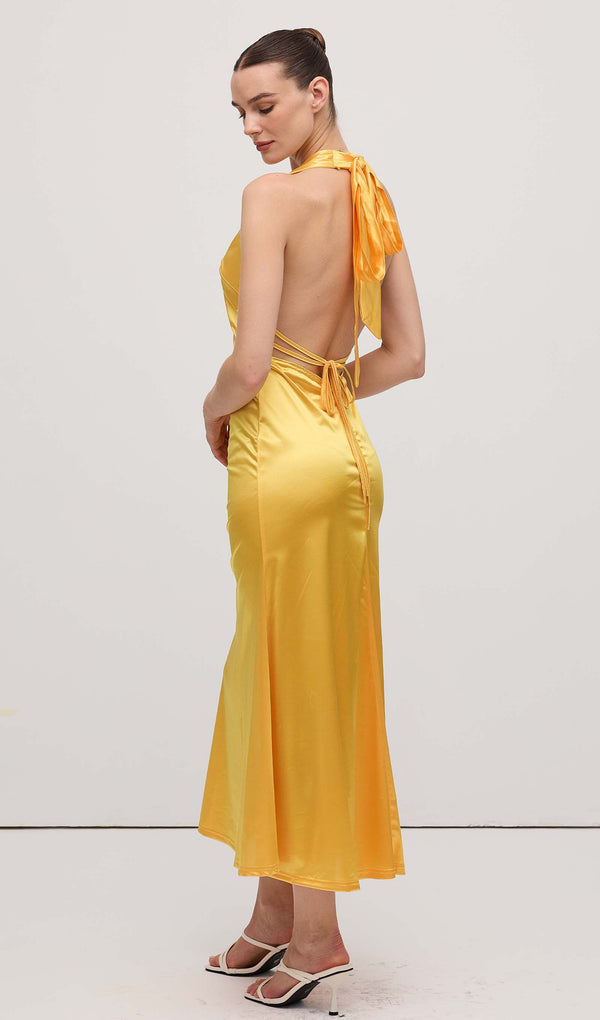 Deep V Neck Satin Maxi Dress Yellow