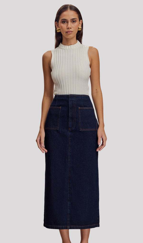 Denim Midi Skirt In Indigo Blue