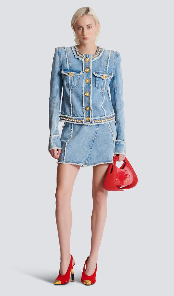 Denim Jacket With Pearl Trim
