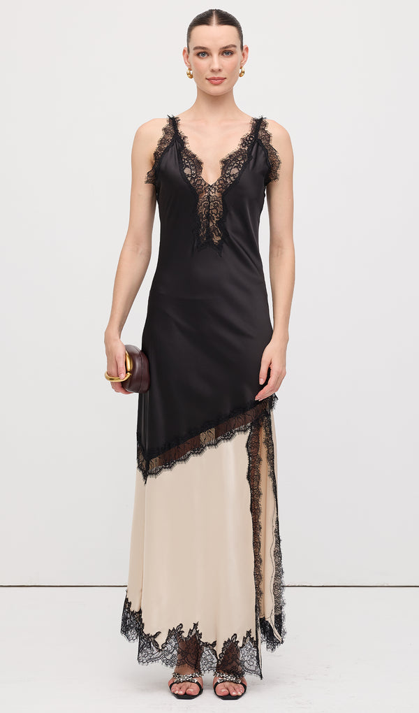 Diagonal Lace Slit Maxi Dress