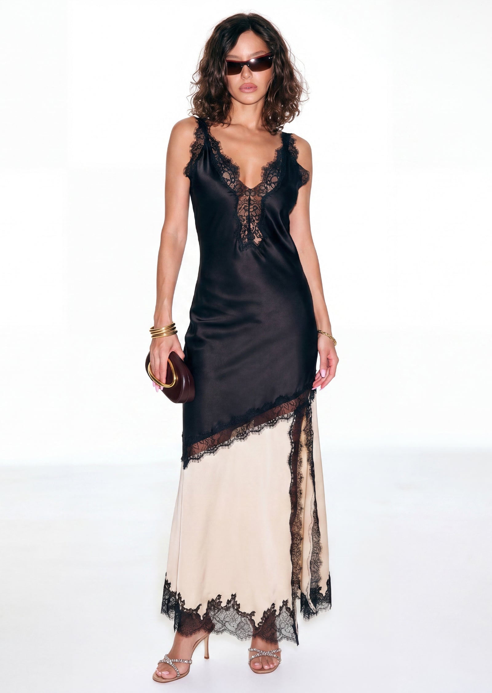 Diagonal Lace Slit Maxi Dress