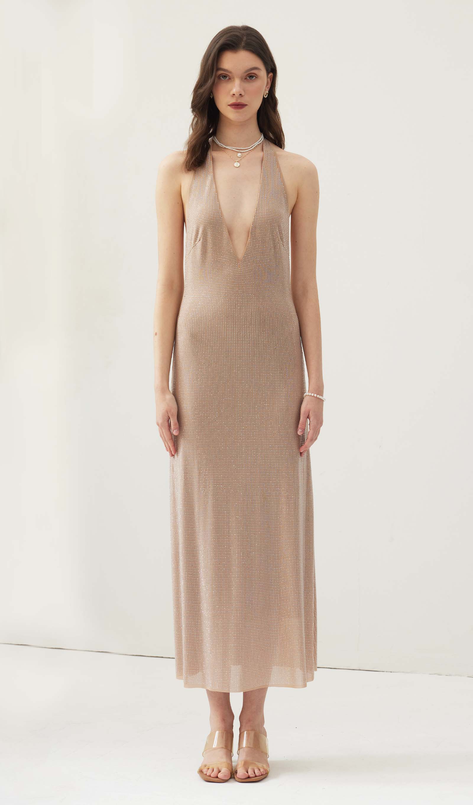 Diamante Halter Midi Dress - Nude
