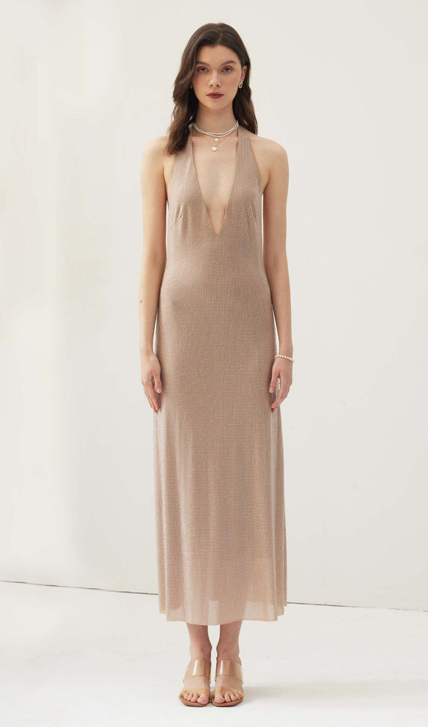 Diamante Halter Midi Dress - Nude