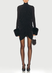 Draped Faux Fur-trimmed Mesh Mini Dress