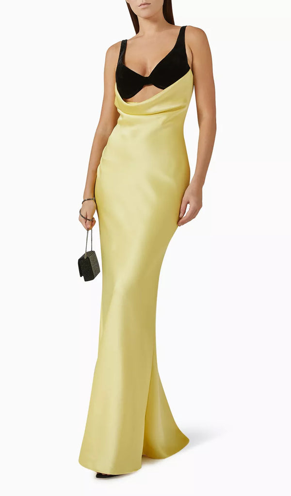 Draped Maxi Dress in Satin & Velvet In Yellow