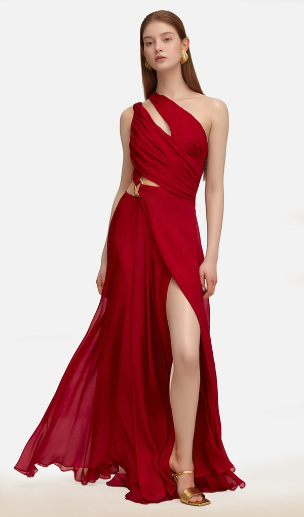 Draped One Shoulder Silk Gown In Red