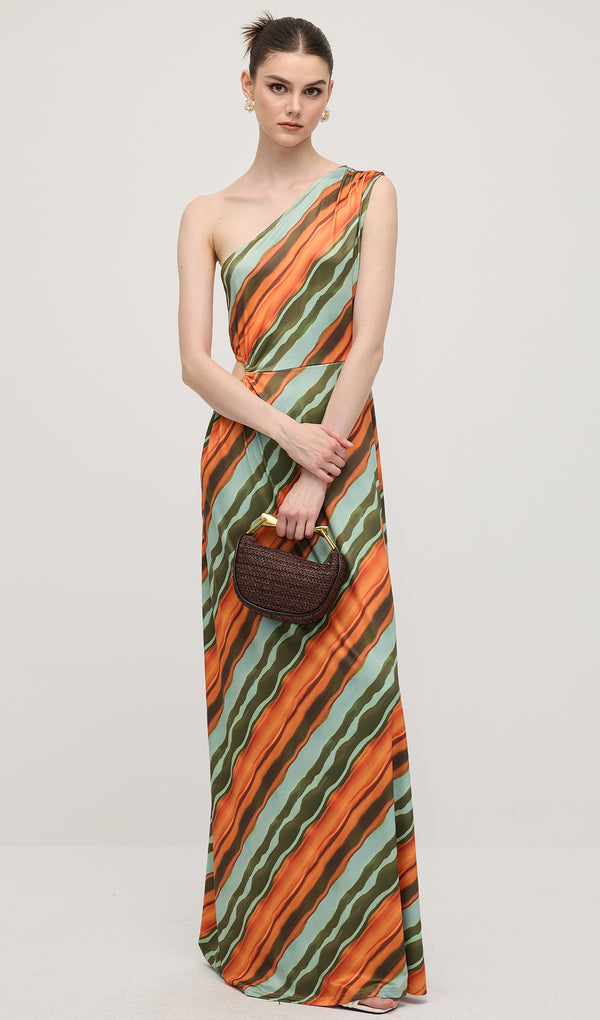 Draped Striped Satin Maxi Dress