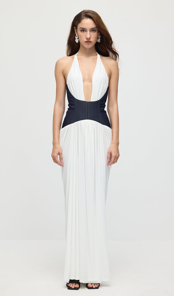 Draped Plunge Gown With Corset Waist