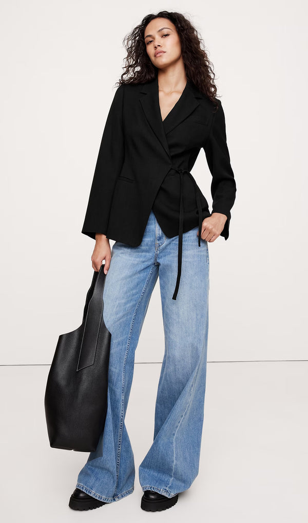 Drapey Twill Wrap Blazer In Black