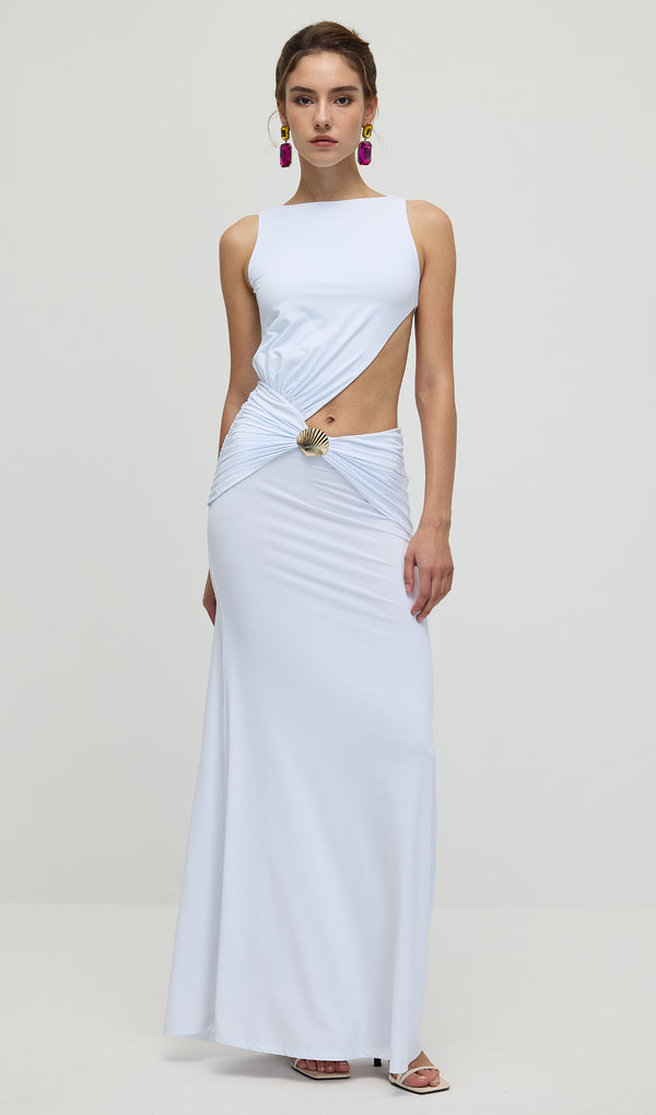 Draping And Shell Decorations Maxi Dress In White
