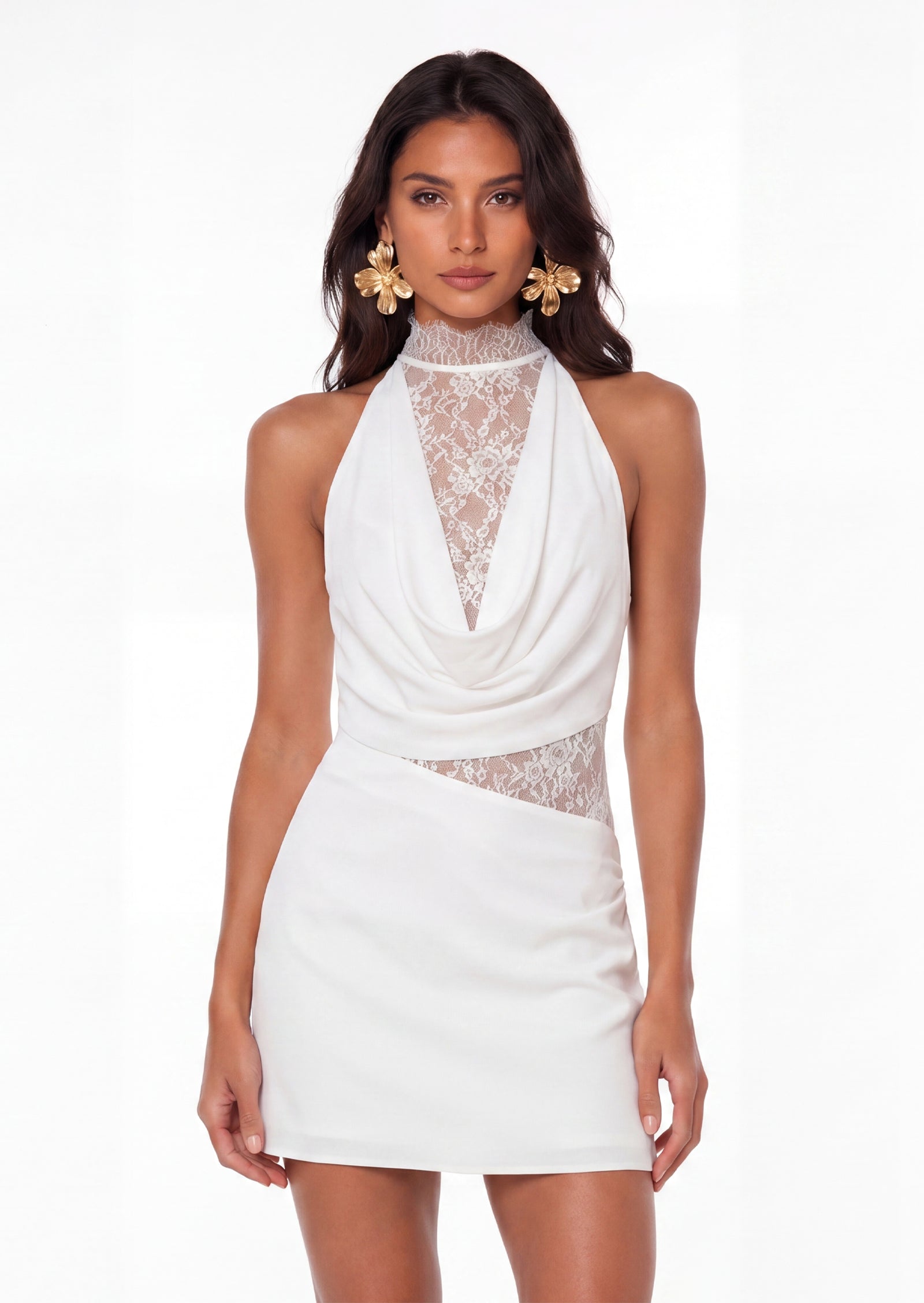 Elasa Chiffon And Lace Halter Mini Dress In White