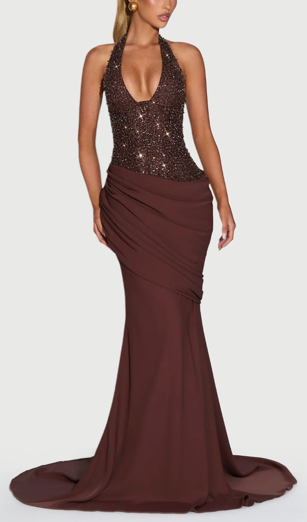 Embellished Pleated Asymmetric Draped Gown