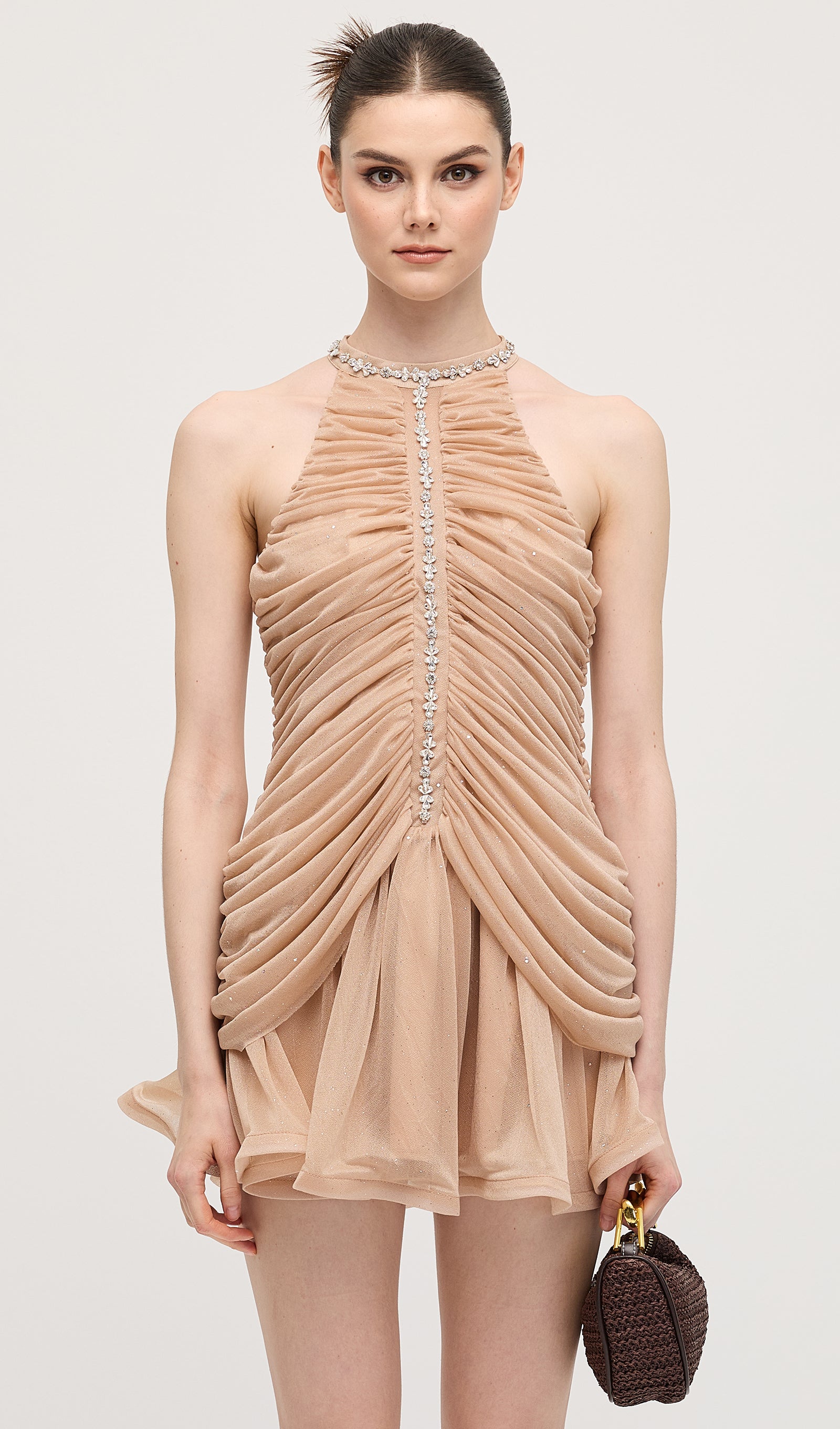 Embellished Ruched Mini Dress In Apricot