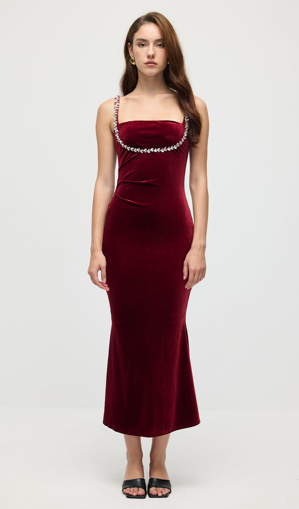 Embellished Sleeveless Velvet Midi Dress In Red