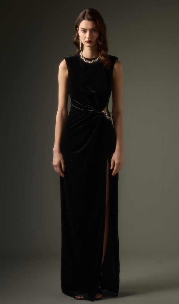 Embellished Velvet Split Maxi Dress In Black