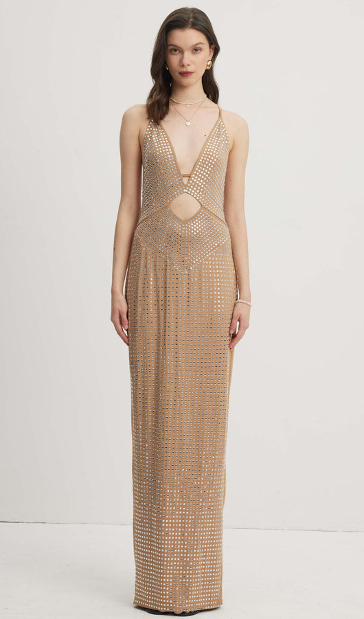 Embellished Cut-Out Maxi Dress Nude Queena Wish Embellished Cut-Out Maxi Dress Nude Queena Wish