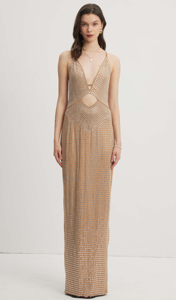Embellished Cut-Out Maxi Dress Nude