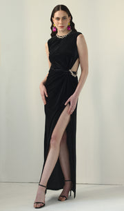 Embellished Velvet Split Maxi Dress