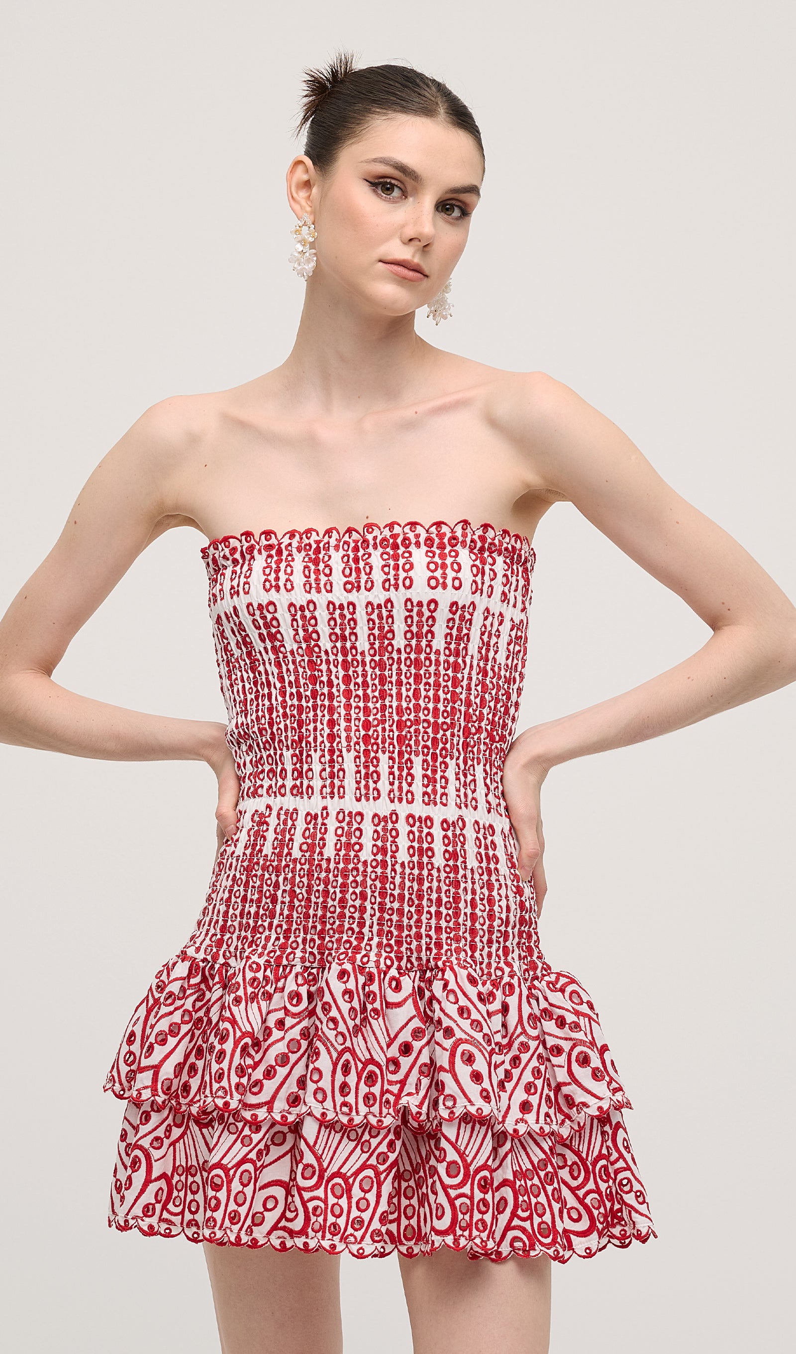 Embroidered Eyelet Cotton Mini Dress In Red