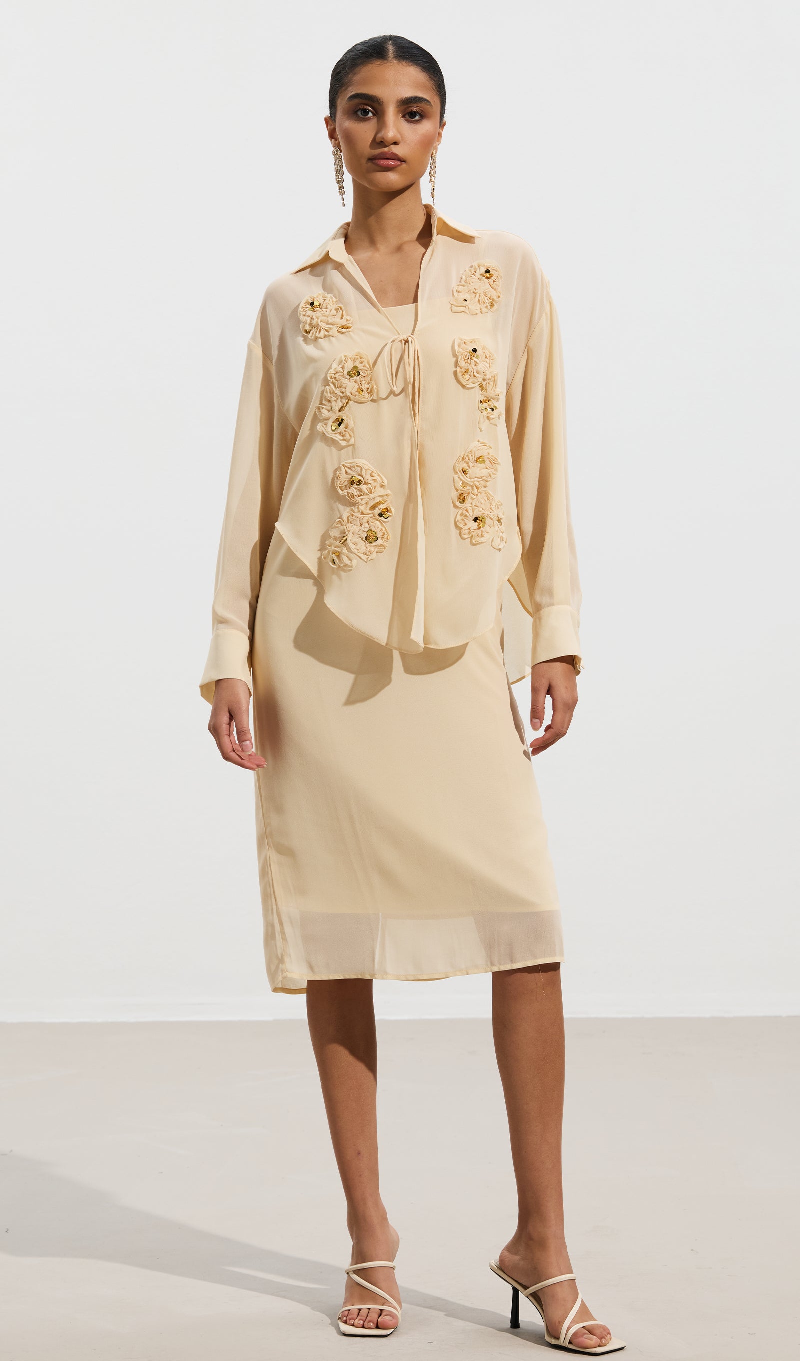 Embroidered Sequined Flower Shirt & Skirt Set