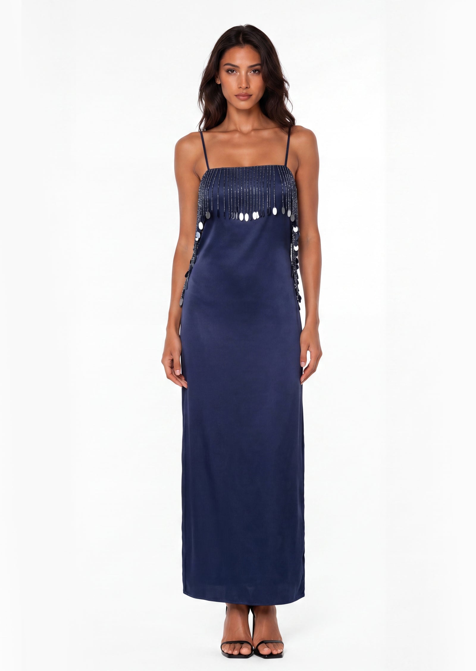 Emmeline Maxi Dress With Fringe In Navy