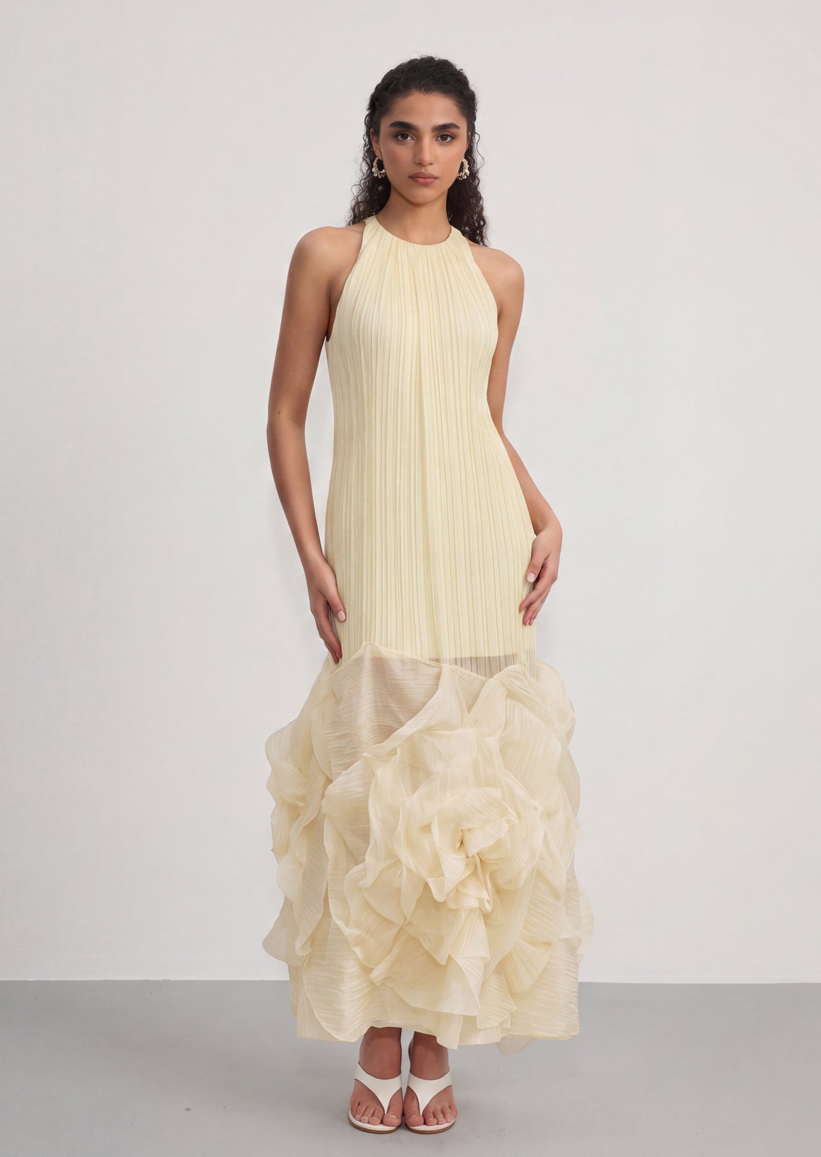 Enora Sleeveless Midi Dress With Rosette Hem