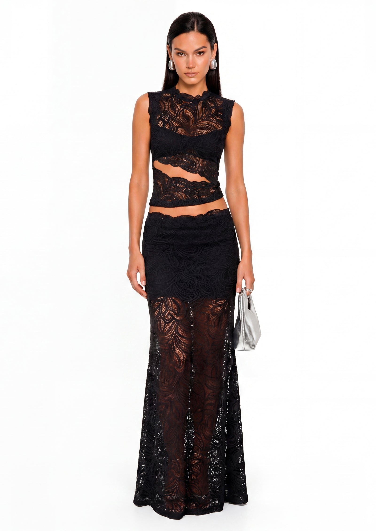 Esthela Lace Maxi Skirt Two Piece Set In Black