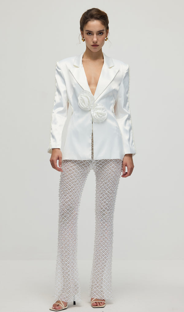 Faux-Pearl Floral Blazer & Trousers Set
