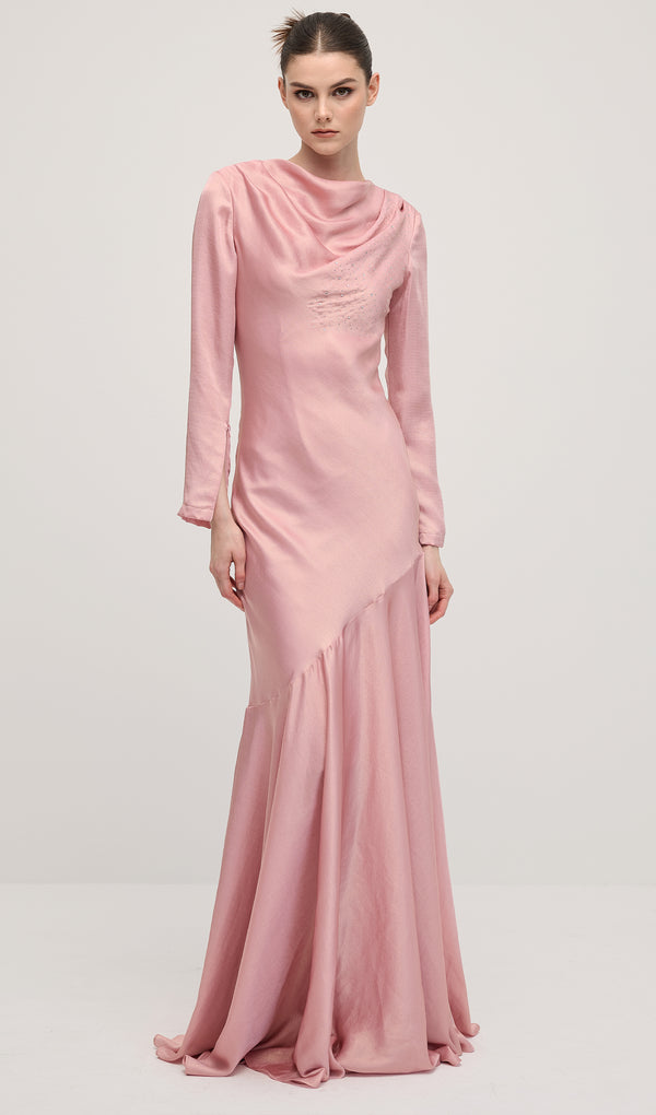 Fitted Satin With Rhinestones Maxi Dress In Pink