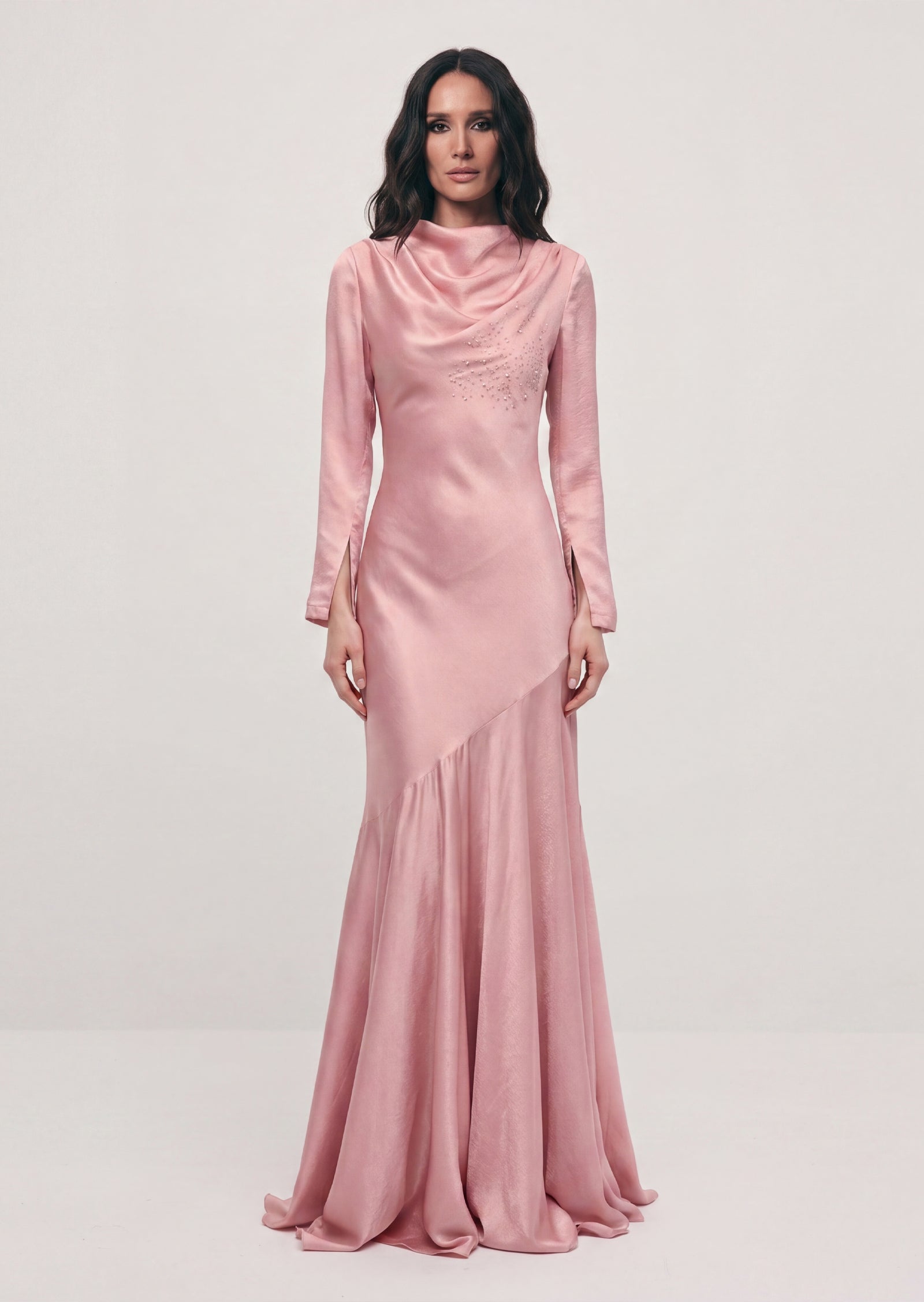 Fitted Satin With Rhinestones Maxi Dress In Pink