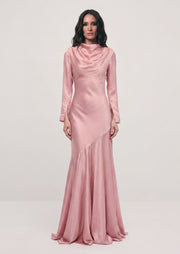 Fitted Satin With Rhinestones Maxi Dress In Pink