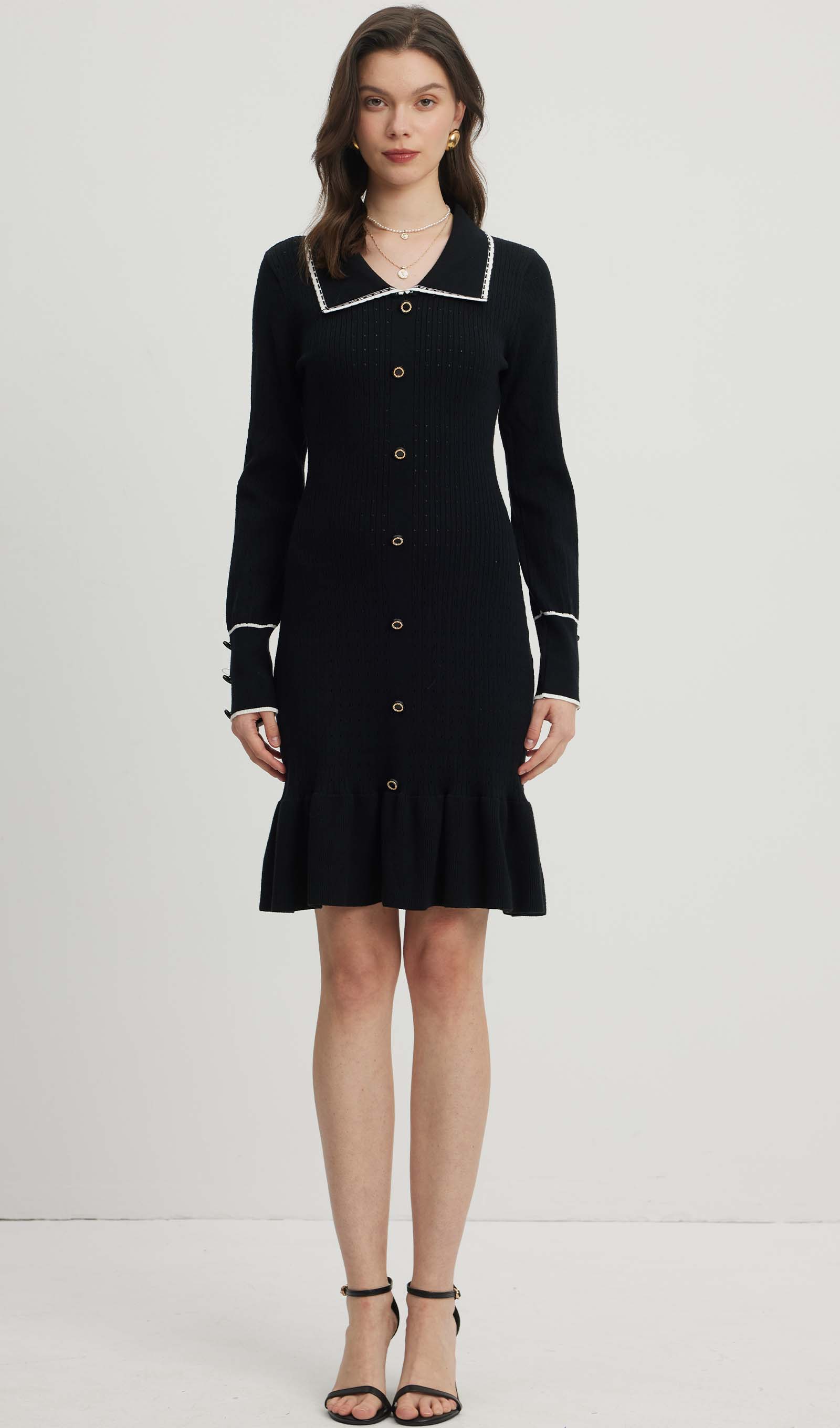 Fitted Textured Jersey Mini Dress-Black