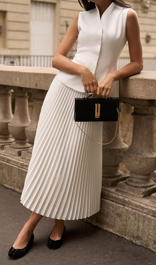 Flared Waistcoat & Pleated Midi Skirt Sets  Queena Wish
