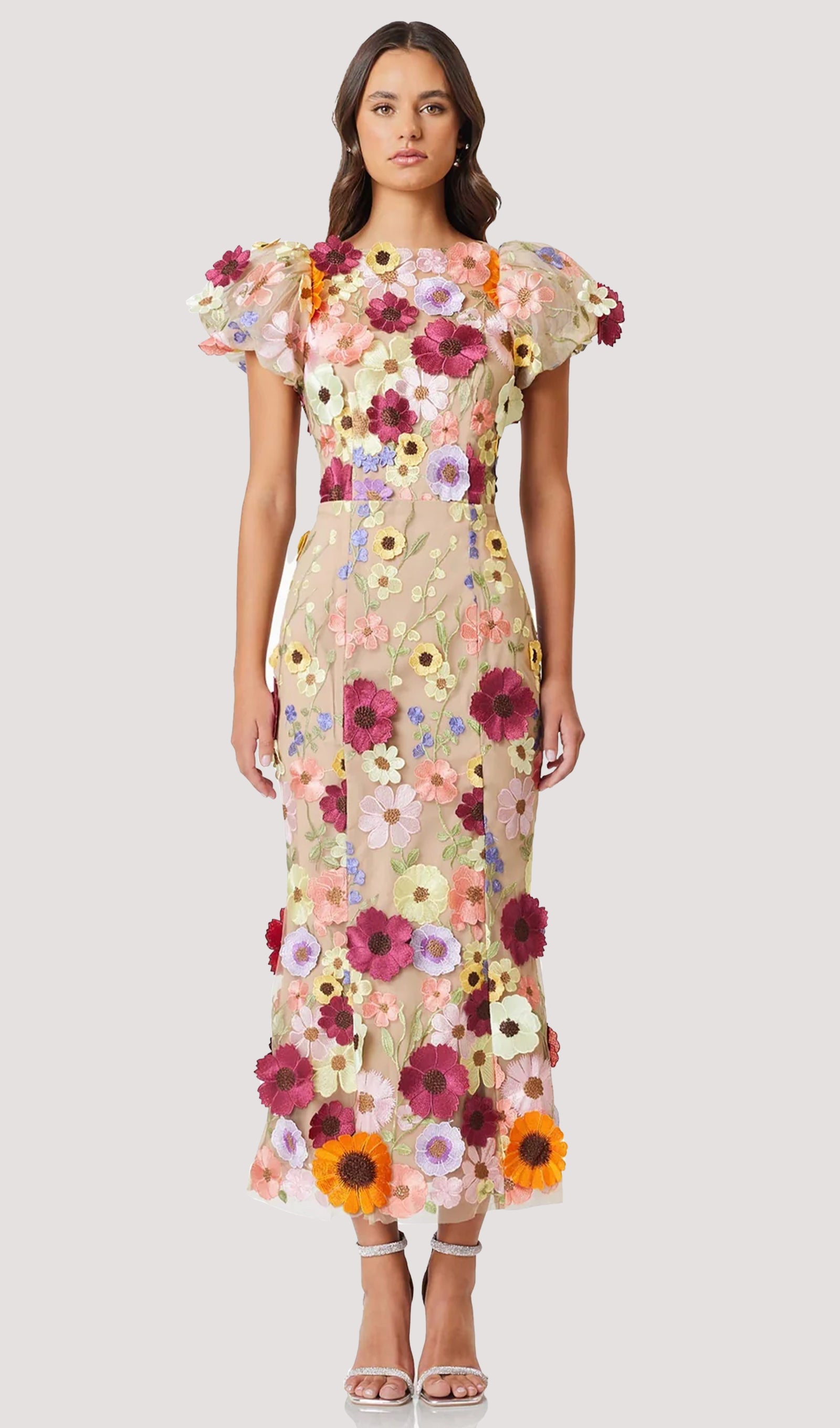 Floral 3D Lace Midi Dress In Apricot