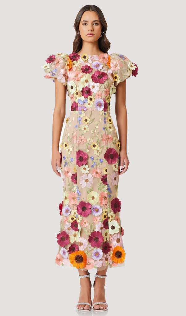 Floral 3D Lace Midi Dress In Apricot