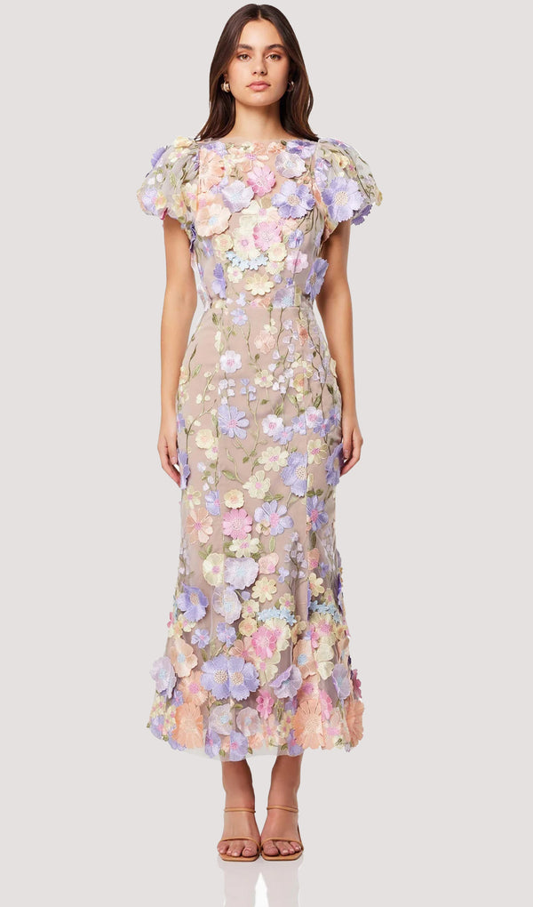 Floral 3D Lace Midi Dress In Purple