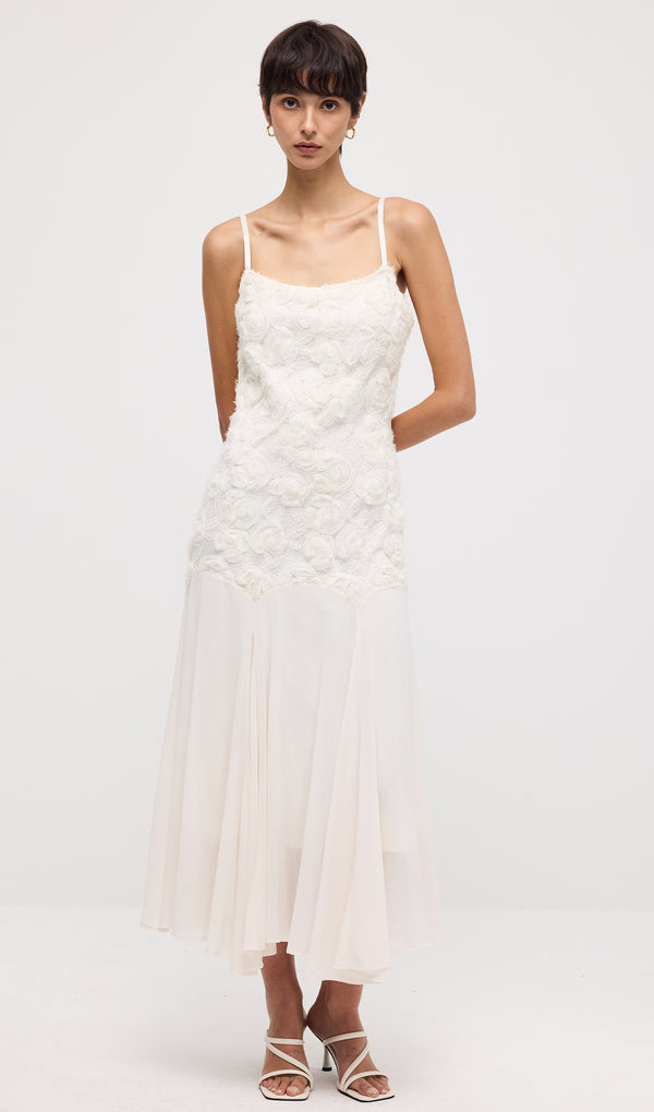 Floral Embroidered Pleated Hem Midi Dress