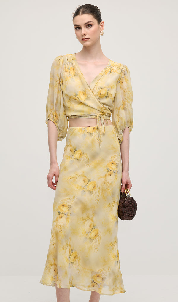 Floral Knot Cut Out Midi Dress Sets In Yellow
