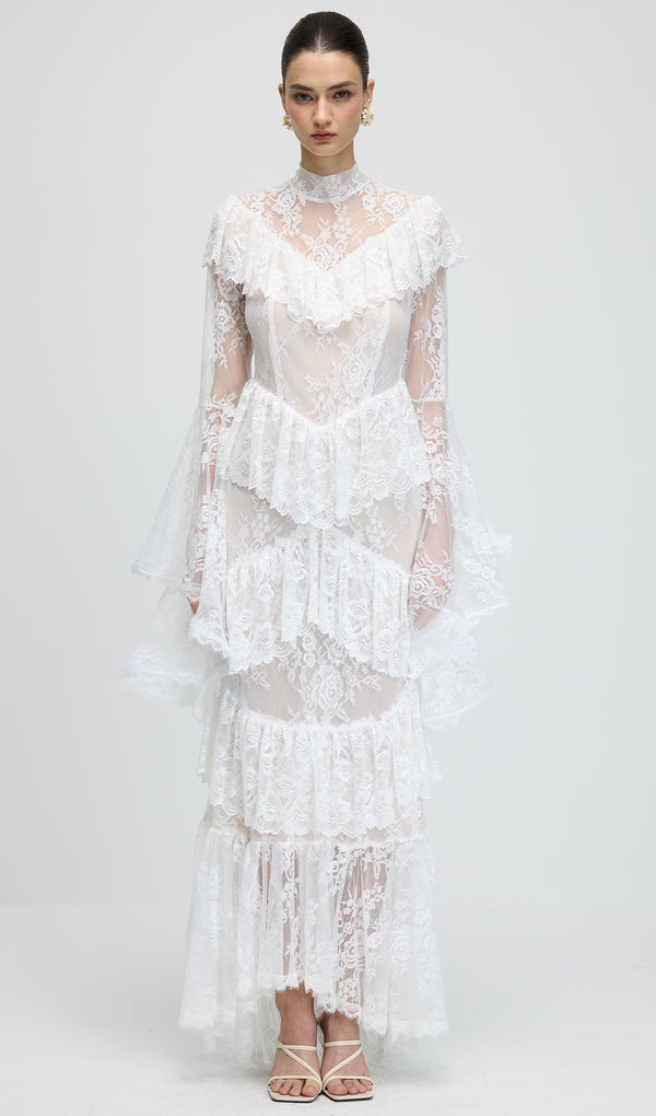 Floral Lace Ruffled Maxi Dress In White