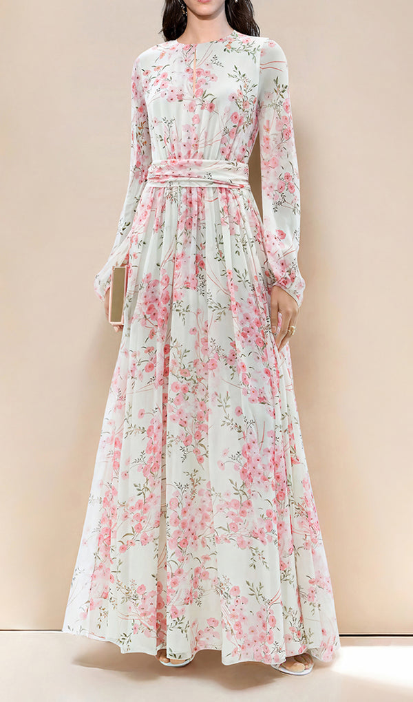 Long Sleeve Floral Fit and Flare Maxi Dress