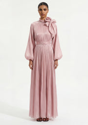 Floral Pleated Glossy Maxi Dress In Pink