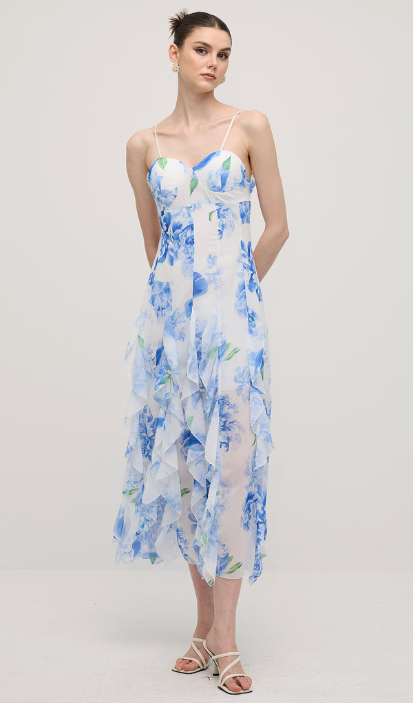 Floral Print Ruffle Backless Midi Dress