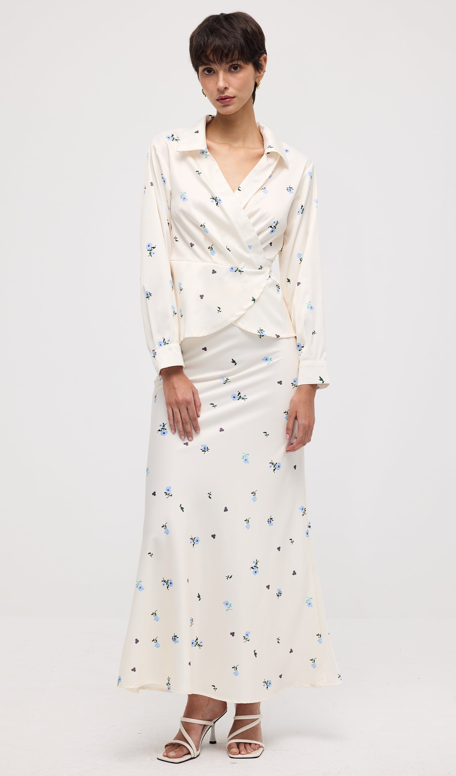 Floral Print Satin Maxi Skirt Two Piece Set